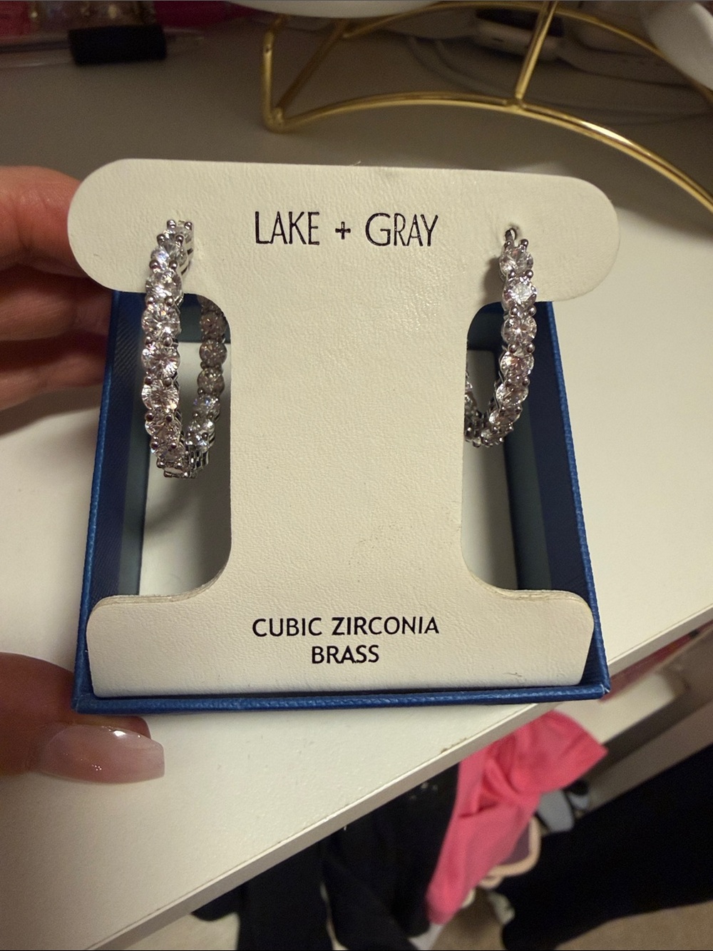 Lake +Gray Silver Tone Brass Cubic Zirconia Hoop Earrings